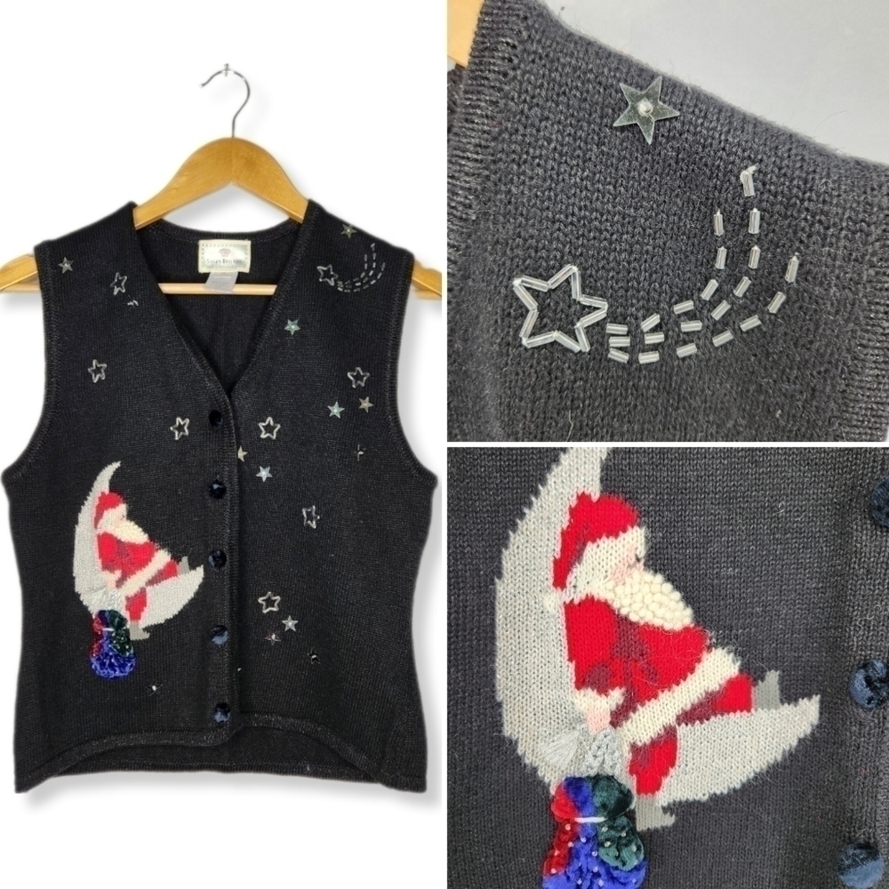 Vintage Santa Moon Stars Embroidered Christmas Knit Sweater Vest Size Small
